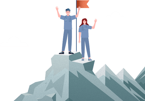 Illustration showing two doctors almost reaching the top of a mountain.